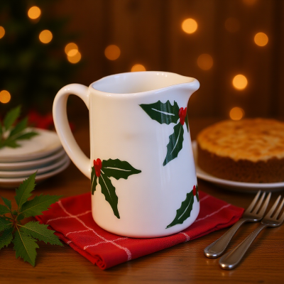 Jarra branca de cerâmica com folhas verdes e bagas vermelhas sobre guardanapo vermelho em mesa com bolo e talheres
