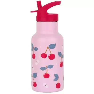 Garrafa de água rosa com tampa vermelha e estampa de cerejas