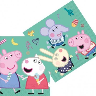 Guardanapos de papel com personagens de Peppa Pig coloridos sobre fundo verde claro