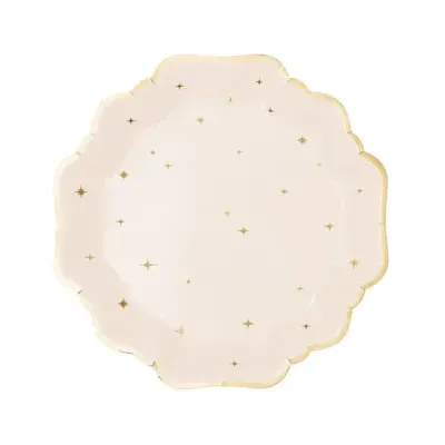 Prato de papel creme com estrelas douradas e borda ondulada dourada