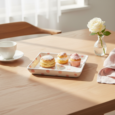 Bandeja cerâmica branca com bolos em mesa de madeira com rosa branca