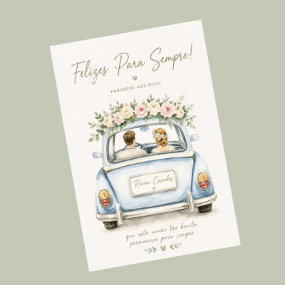 Cartão de casamento com casal num carro azul e flores, texto em português.