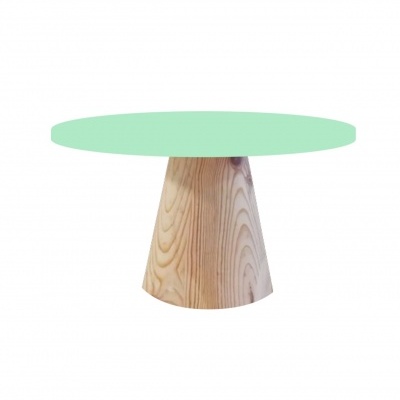 Mesa redonda com tampo verde e base de madeira clara