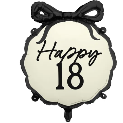 Balão redondo bege com texto 'Happy 18' e laço preto no topo