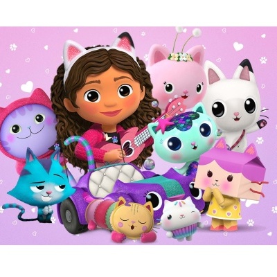 Personagem animada com ukulele rodeada por gatos coloridos num fundo cor-de-rosa