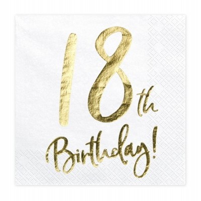Guardanapo branco com texto dourado '18th Birthday!'