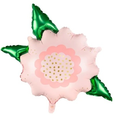 Balão metálico em forma de flor cor-de-rosa com folhas verdes
