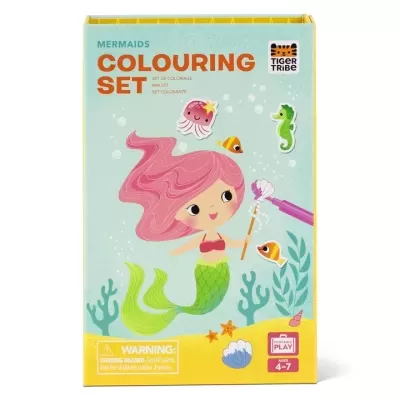 Conjunto de colorir de sereias com ilustração de sereia rosa e verde e texto informativo