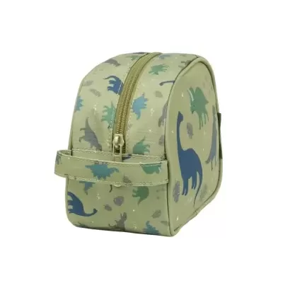 Necessaire verde claro com padrão de dinossauros e fecho de zíper