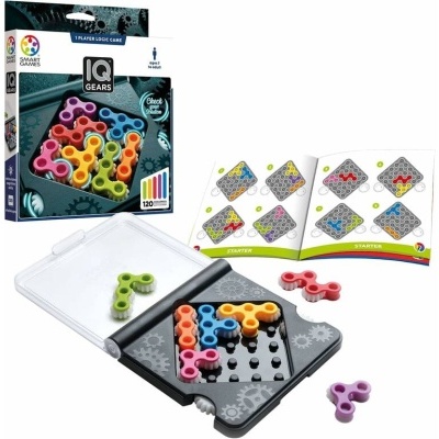 Jogo de lógica IQ Gears com peças coloridas e tabuleiro preto, manual aberto e embalagem