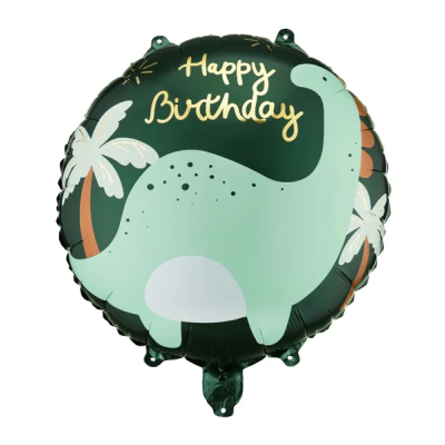 Balão verde com dinossauro, palmeiras e texto Happy Birthday