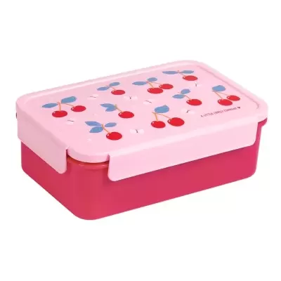 Caixa de plástico rosa com tampa de cerejas