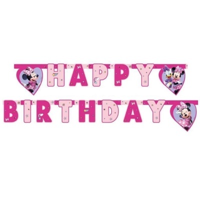 Bandeirola rosa decorativa com texto HAPPY BIRTHDAY e imagens da Minnie Mouse