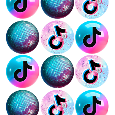 Bolas decorativas com logótipo do TikTok e padrão de disco espelhado em azul, rosa e roxo.