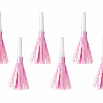 Seis apitos de festa rosa e branco com franjas de papel