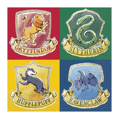 Brasões das quatro casas de Hogwarts em cores diferentes com animais e nomes.