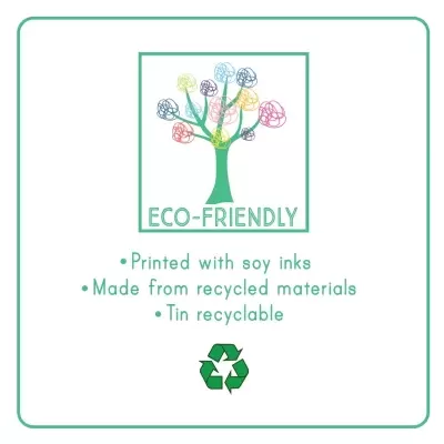 Símbolo de árvore colorida com texto ECO-FRIENDLY e informações de sustentabilidade