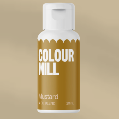 Frasco pequeno branco com rótulo mostarda e texto COLOUR MILL Mustard 4% OIL BLEND 20mL