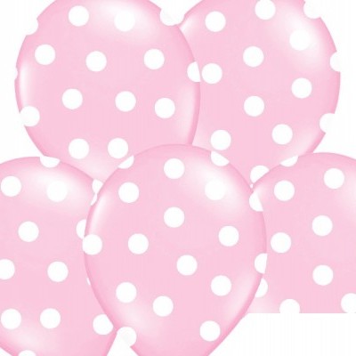 Cinco balões rosa com bolinhas brancas