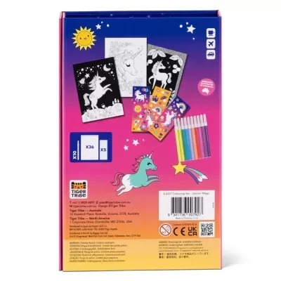 Caixa colorida Unicorn Magic com desenhos de unicórnios, marcadores coloridos e adesivos