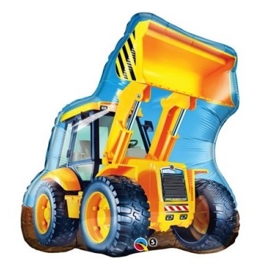 Balão de escavadora amarelo e azul em fundo branco