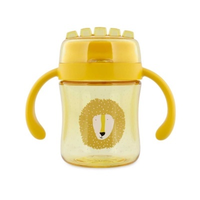 Copo de treino infantil amarelo com ilustração de leão e duas pegas laterais