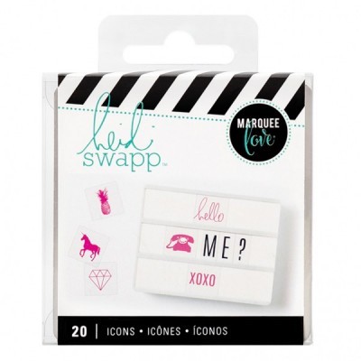 Pacote com 20 ícones decorativos variados em rosa e preto, com texto 'hello swap' e 'MARQUEE love'