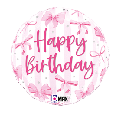Balão de aniversário redondo branco com listras rosa e laços rosas e texto Happy Birthday