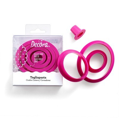 Conjunto de cortadores de biscoitos redondos rosa com embalagem