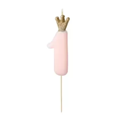 Vela número 1 cor-de-rosa com coroa dourada