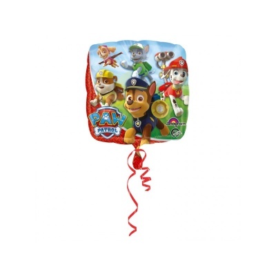 Balão quadrado com personagens da Patrulha Pata, com fitilhos vermelhos