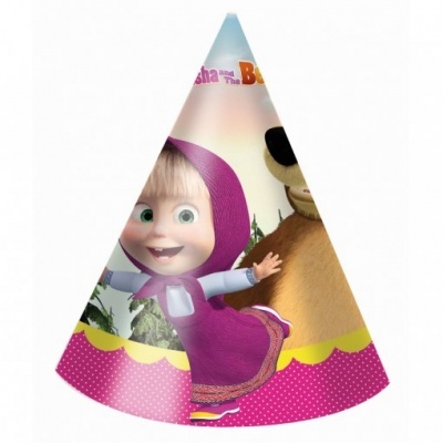 Chapéu de festa infantil com imagem de Masha e o Urso em tons rosa e amarelo