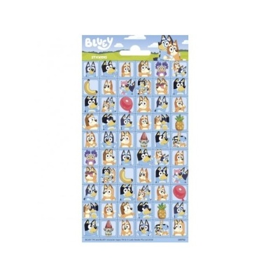Folha de autocolantes Bluey com várias imagens de personagens e alguns objetos coloridos