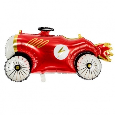 Balão em forma de carro de corrida vermelho metálico com detalhes dourados
