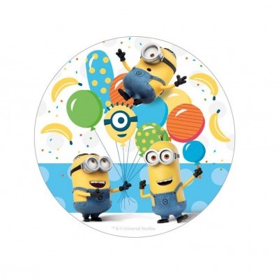 Imagem redonda com três Minions, balões coloridos e bananas ao fundo