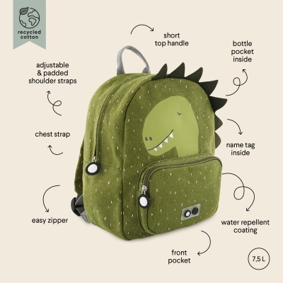 Mochila verde de algodão reciclado com desenho de dinossauro e múltiplos bolsos