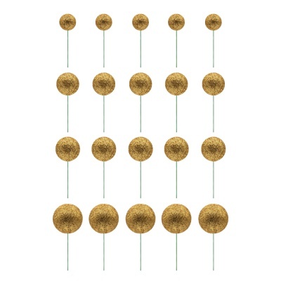 espetos decorativos com bolas douradas brilhantes em diferentes tamanhos