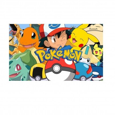 Personagens e Pokémons animados com Pokébolas e logo Pokémon