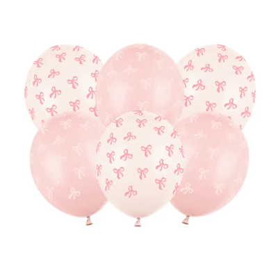 Conjunto de seis balões rosa e branco com padrão de laços cor de rosa