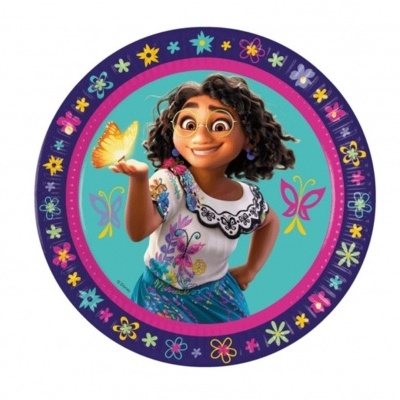 Prato redondo com personagem animada e padrão floral e borboletas