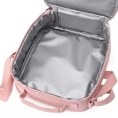 Mala térmica cor-de-rosa com interior prateado e alças rosa