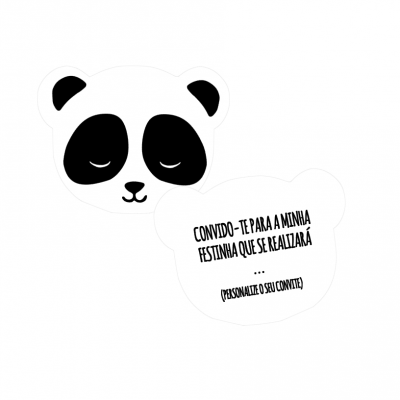 Convite formato cabeça de panda branco e preto com texto em português.