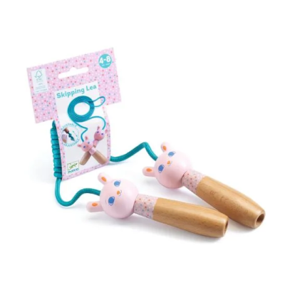 Corda de saltar para crianças com punhos em madeira com faces de coelho e corda azul