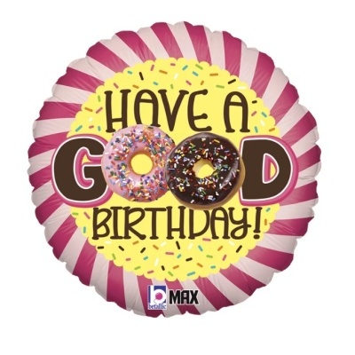 Balão redondo cor-de-rosa com texto 'HAVE A GOOD BIRTHDAY!' e imagens de rosquilhas