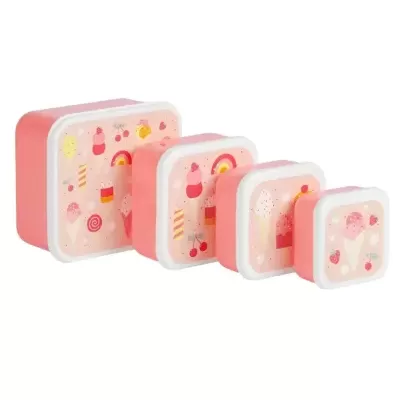 Conjunto de caixas de armazenamento cor de rosa com tampas brancas decoradas com ilustrações de gelados e frutas