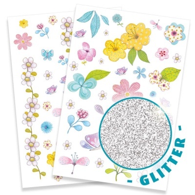 Folhas decorativas com desenhos de flores coloridas, borboletas e glitter prateado