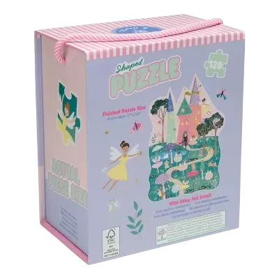 Caixa de puzzle moldado com ilustração de fada, castelo e natureza em tons pastel.