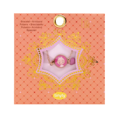 Pulseira infantil com pendente de menina em embalagem cor de salmão