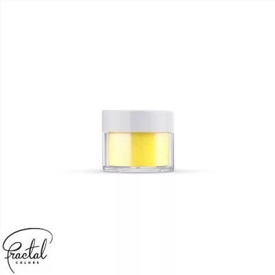 Frasco pequeno com pigmento amarelo e tampa branca sobre fundo branco