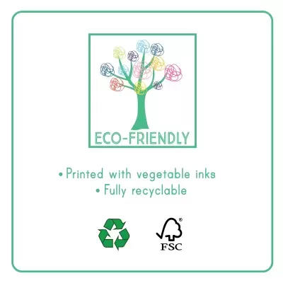 Logótipo ecológico com árvore colorida, texto e símbolos de reciclagem